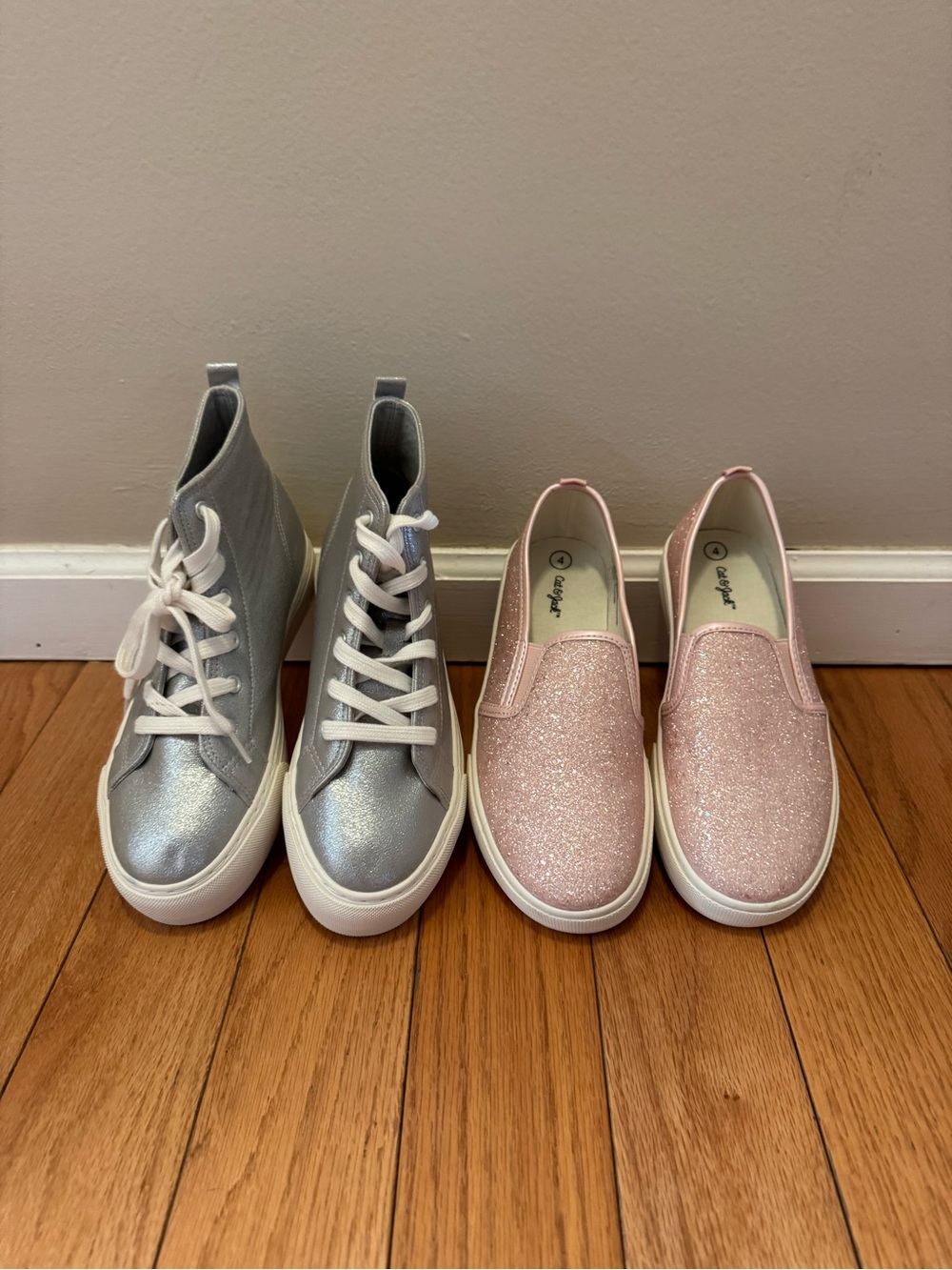 Kids Silver High-Top Sneakers & Pink Glitter Slip-Ons - Size 4